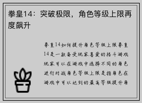 拳皇14：突破极限，角色等级上限再度飙升