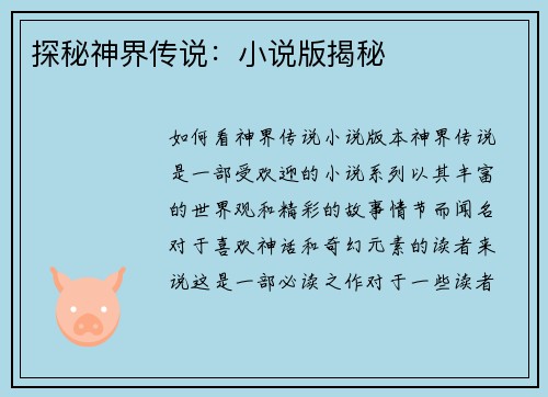 探秘神界传说：小说版揭秘