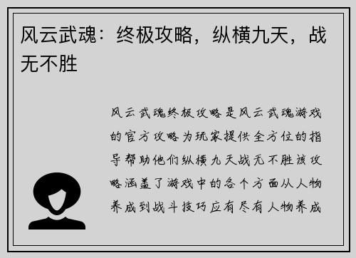 风云武魂：终极攻略，纵横九天，战无不胜
